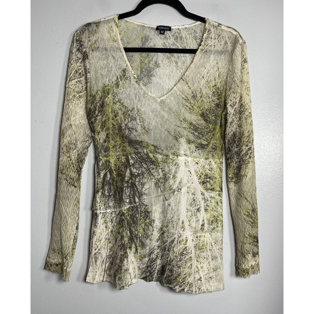 KOMAROV Crinkle Mesh‎ Long Sleeve Shirt Medium Beige Green Retro Blouse Career